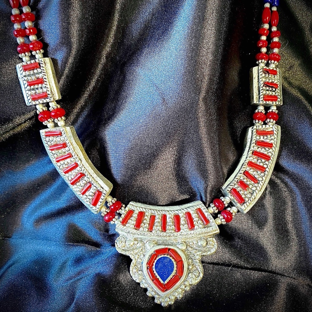 Tibetan Silver Red Coral and Lapis Necklace